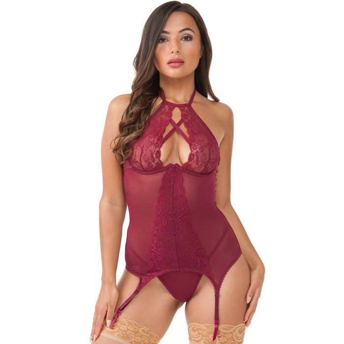 Lovehoney Twilight Temptation Wine Halterneck Basque Set