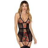 iCollection Sheer Black Chemise Set with Floral Embroidery